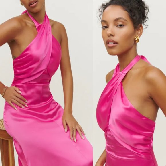 NWT Reformation Veria Silk Maxi Dress Sz 12 Flambe Pink Halter Neckline - Picture 2 of 9
